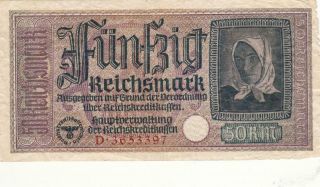 Ww2 German Nazi Era Germany Reichsmark Banknote 50 Mark - 1942