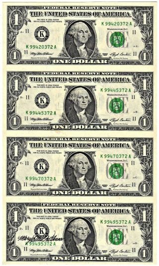 Uncut Federal Reserve Note $1.  00 Sheet Of 4:series 1993:signed M E Withrow: Bp 2