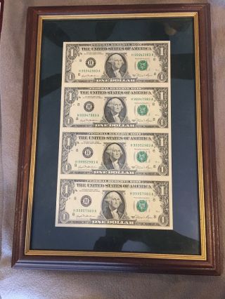 Series 1981 Uncut Sheet Of (4) Us $1 One Dollar Bills Framed