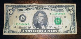 1974 $5 Dollar Bill Federal Reserve Of San Francisco L71096886d