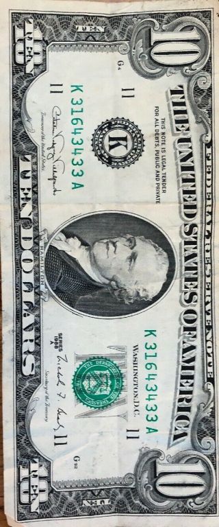 1988 - A $10 Ten Dollar Bill Extremely Low Serial Numbered Note K31643433a