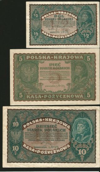 Poland 1/2 5 & 10 Marek 1919