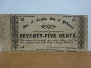 State Of Virginia,  City Of Richmond,  Virginia 75 Cent Note,  April 14th,  1862