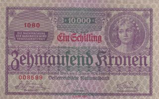 10 000 Kronen/1 Schilling Very Fine Crispy Banknote From Austria 1924 Pick - 87