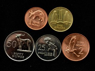 Zambia Coin Set.  1 Set Of 5 Coins.  Unc