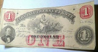 JULY 21,  1862 Virginia Treasury Note Richmond RED $1 3