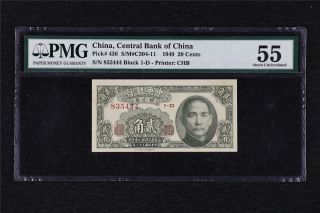 1949 China Central Bank Of China 20 Cents Pick 436 Pmg 55 About Unc