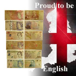 Wr England British £5 £10 £20 £50 Pound Note 24k Gold Colored Banknote Set,