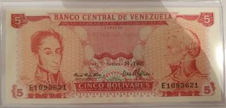 Banco Central De Venezuela - Sept.  - 24 - 1968 Banknote - 5 Bolivares.