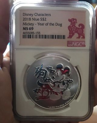 2018 Niue Silver Disney‼️ Mickey ‼️year Of The Dog 1oz Ngc Ms69.  999 Pure Silver