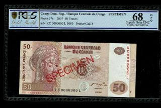 Congo Democratic Republic,  50 Francs 2007 Specimen,  P97s,  Opq Unc 68