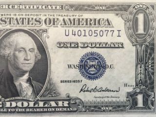 1935 F Silver Certificate $1 Dollar Bill,  Blue Seal (block U/i),  Uncirculated