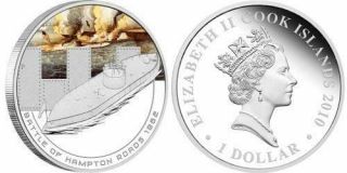 Cook Islands 2010 Famous Naval Battles Hampton Roads 1862 1 Oz Silver Proof Coin