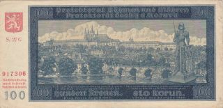 100 Korun Very Fine Banknote From Bohemia Moravia 1940 Pick - 7 2nd Issue