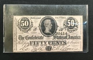 1864 Confederate States Of America Richmond Fifty Cents Bank Note Currency