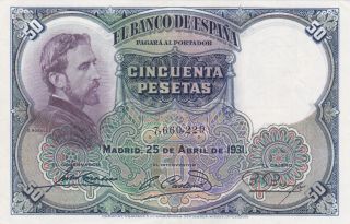 50 Pesetas Extra Fine,  Crispy Banknote From Spain 1931 Pick - 82