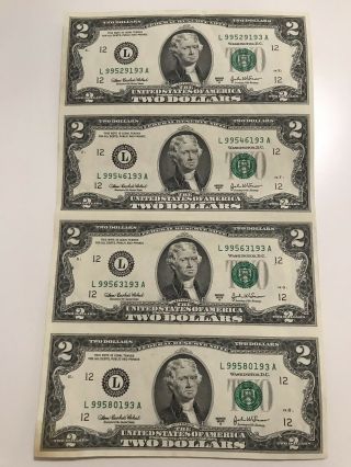 2003 A Us $2 Two Dollar Uncut Sheet Of 4 Federal Reserve Bank Notes