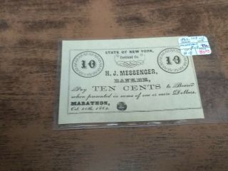 H J Messenger Banker 10 Cent Marathon,  Ny Civil War Era Bank Note