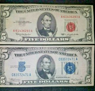 1963 $5 Us Red Seal Note & A 1934 $5 Silver Certificate