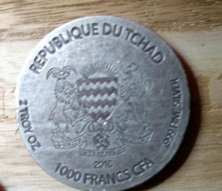 999 Fine Silver Tchad 1000francs antiqued 2troy oz silver rare 2