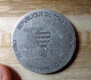 999 Fine Silver Tchad 1000francs antiqued 2troy oz silver rare 4
