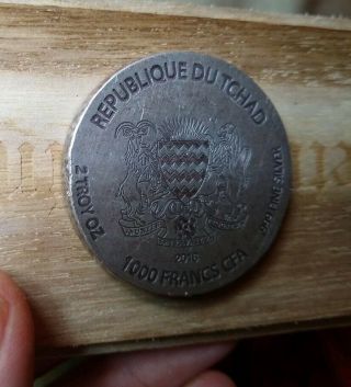 999 Fine Silver Tchad 1000francs antiqued 2troy oz silver rare 6