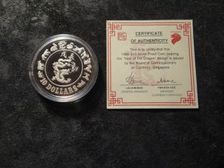 1988 Singapore Dragon Proof $10.  00 Silver Coin With Boxes