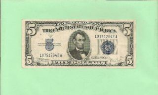 N1s 1934c $5 Silver Certificate L 8751 2642 A.  1934c $5 L - A