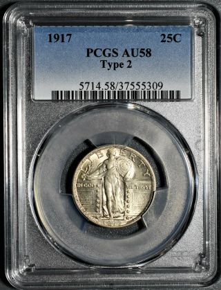 1917 25c Silver Standing Liberty Quarter,  Type 2,  Certified By Pcgs Au58,  Ea26