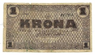 Iceland - Old 1 Krona Note - 1941 - P22d - Fine