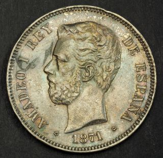 1871 (1874),  Kingdom Of Spain,  Amadeo I.  Large Silver 5 Pesetas Coin.  Xf - Au
