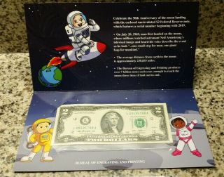 2019 $2 Bill Rocketship Celebrates The 1969 Apollo 11 Moon Landing/uncirculated