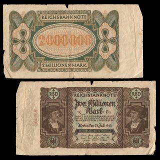 1923 Berlin Germany Two 2 Million Mark Rbd Reichsbanknote Circulated