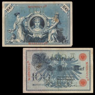 1908 Germany 100 Mark Reichsbanknote - Lightly Circulated / Stain