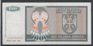 Republika Srpska Bosnia Paper Money Bill Of 1000 Dinara 1992 Vf