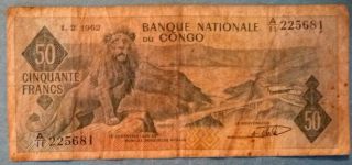 Congo 50 Francs Note Issued 01.  02.  1962,  P 5,  Lion