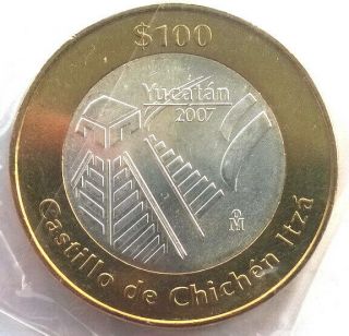 Mexico 2007 Chichen Itza 100 Pesos Bimetal Silver Coin,  Unc