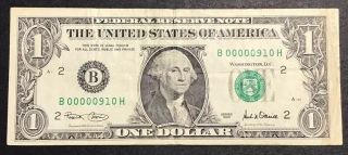 2001 $1 One Dollar Low Serial 00000910 U.  S.  Federal Reserve Note