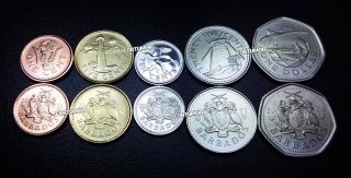 Barbados Unc Set Of 5 Coins 1 5 10 25 Cents 1 Dollar 2008 - 2011