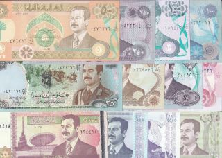 Iraq 5 : 250 Dinars 1986 2002 All Notes Saddam Portrait 11,  1 Au/ Most Unc Set