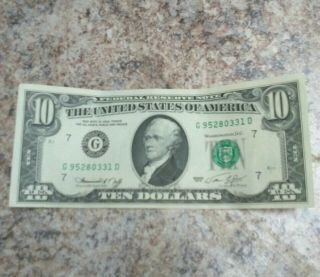 1974 $10 Dollar Bill Federal Reserve Bank Of Chicago G7 - G95280331d.