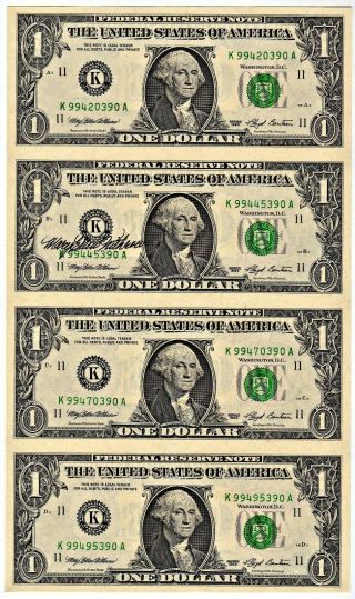 Uncut Federal Reserve Note $1.  00 Sheet Of 4:series 1993:signed M E Withrow: Bp 3
