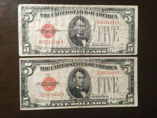 Usa (2 Notes) 5 Dollars 1928b And 1928e - - Us Notes