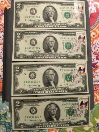 4 Consecutive Serial 1976 $2 Two Dollar Bill First Day Issue Postmarked Stamp