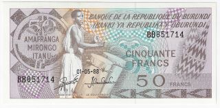 Banque De La République Du Burundi 50 Francs 1.  5.  1988 Issue Pick 28c Banknote