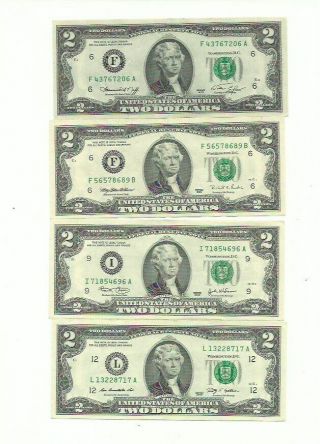 4 Crisp Auncirculated $2 Two Dollar Bill Notes All Diff Dates.  Usa