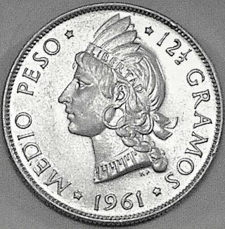 Dominican Republic 1961 1/2 Peso - - - - Sharp B U With Prooflike Brilliance - - - -