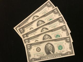 1976 Us $2 Federal Reserve Note B District Ny (5) Notes In Sequence Bx929 - 33