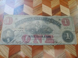 Civil War Confederate 1862 1 Dollar Bill Virginia Treasury Note
