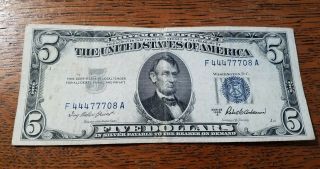 Series 1953 - A F44477708a Blue Seal $5 Silver Certificate Five Dollar Bill Note